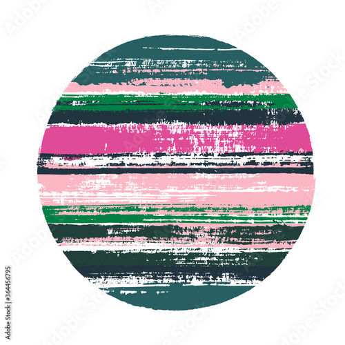 Ragged circle vector geometric shape with stripes texture of ink horizontal lines. Disk banner with old paint texture. Label round shape circle logo element with grunge stripes background.