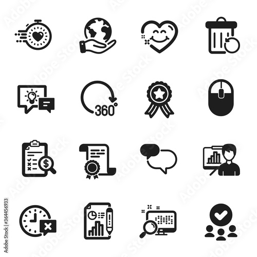 Set of Technology icons, such as Accounting report, Idea lamp. Certificate, approved group, save planet. Presentation board, Smile face, Chat message. Computer mouse, 360 degrees, Search. Vector