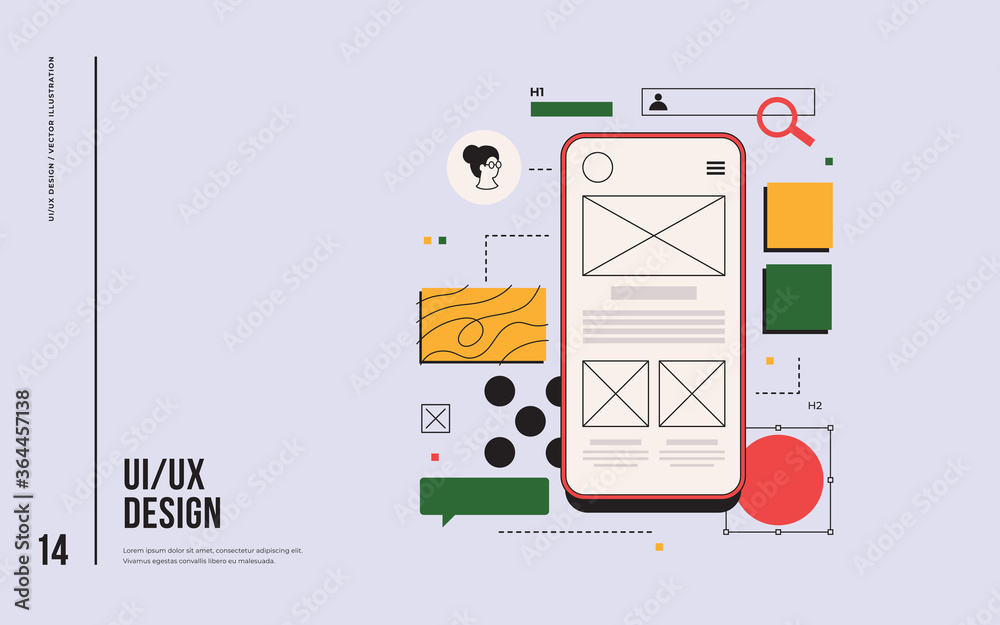 Layout of mobile application blocks on the smartphone screen. UX / UI design concept in web development. Mobile application interface template. Modern vector flat illustration.