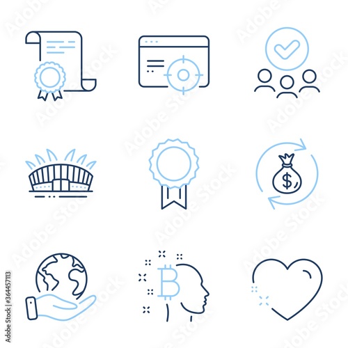 Money exchange, Bitcoin think and Seo targeting line icons set. Diploma certificate, save planet, group of people. Arena stadium, Heart and Reward signs. Vector