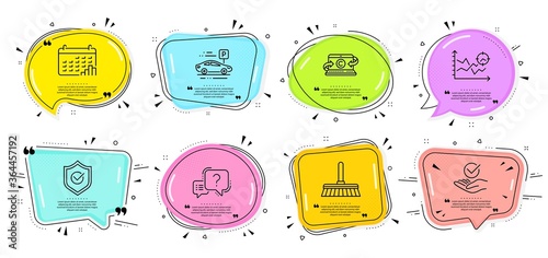 Copywriting notebook, Seo analysis and Car parking signs. Speech bubbles with quotes. Approved shield, Question mark and Approved line icons set. Calendar graph, Cleaning mop symbols. Vector