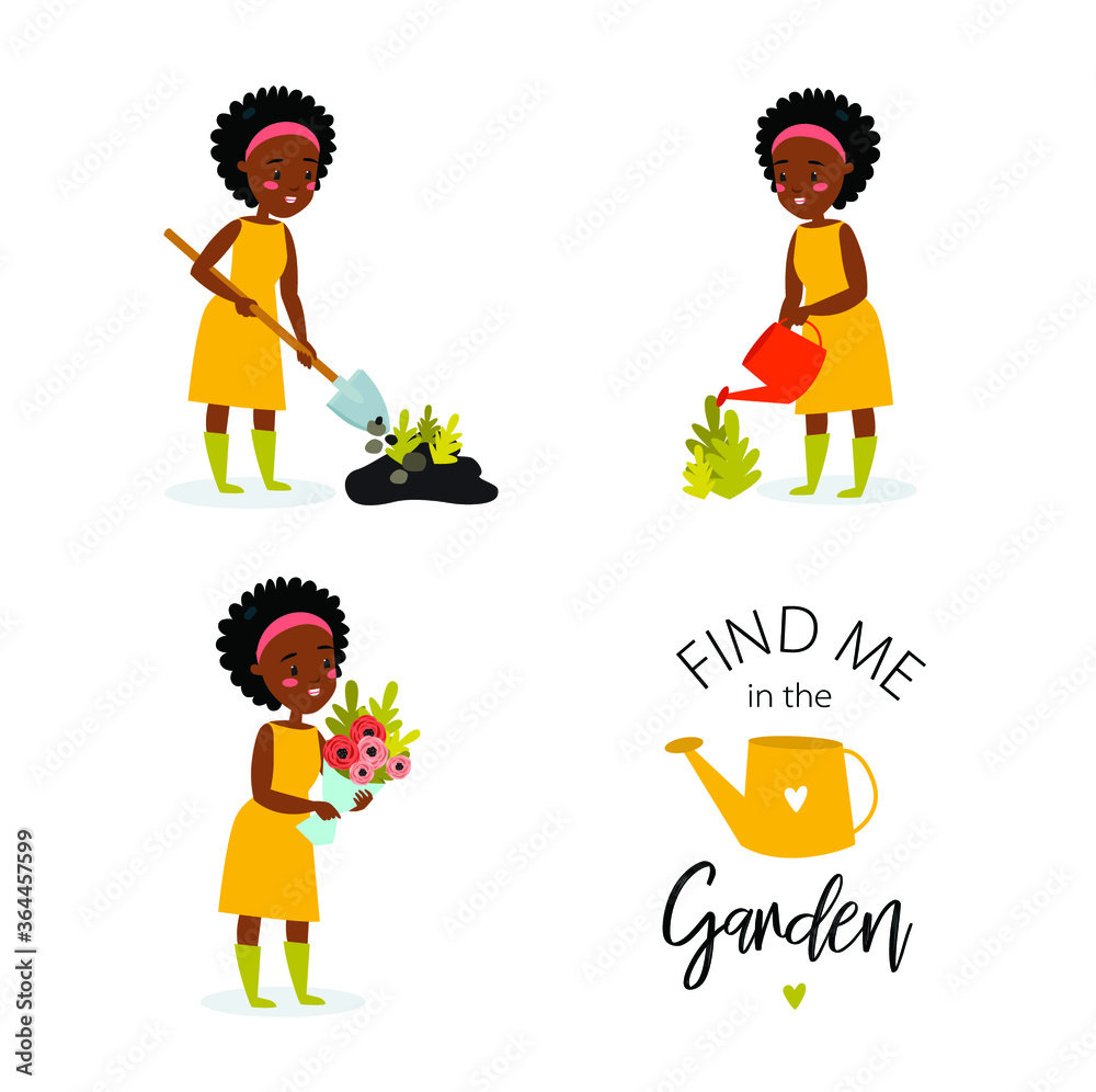 Vector set with a gardener girl. Beautiful african american woman is planting flowers, watering flowers, collecting a bouquet. Ecology. Summer. Work in the garden. Florist. Cartoon character. Vector set with a gardener girl. Beautiful african american woman is planting flowers, watering flowers, collecting a bouquet. Ecology. Summer. Work in the garden. Florist. Cartoon character.