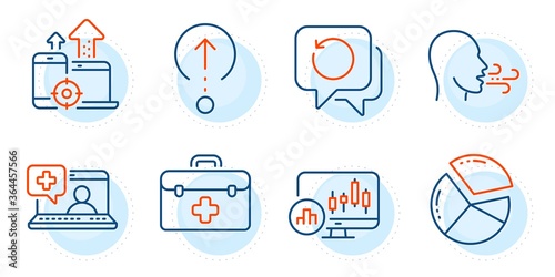 Breathing exercise, Pie chart and Swipe up signs. Recovery data, Seo devices and Medical help line icons set. Candlestick chart, First aid symbols. Backup info, Mobile stats. Science set. Vector