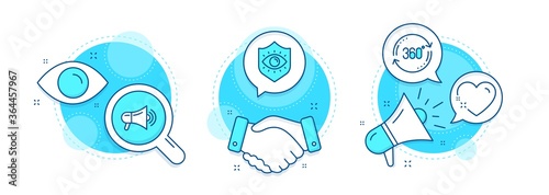 Heart, Megaphone and Full rotation line icons set. Handshake deal, research and promotion complex icons. Eye protection sign. Love, Advertisement, 360 degree. Optometry. Business set. Vector