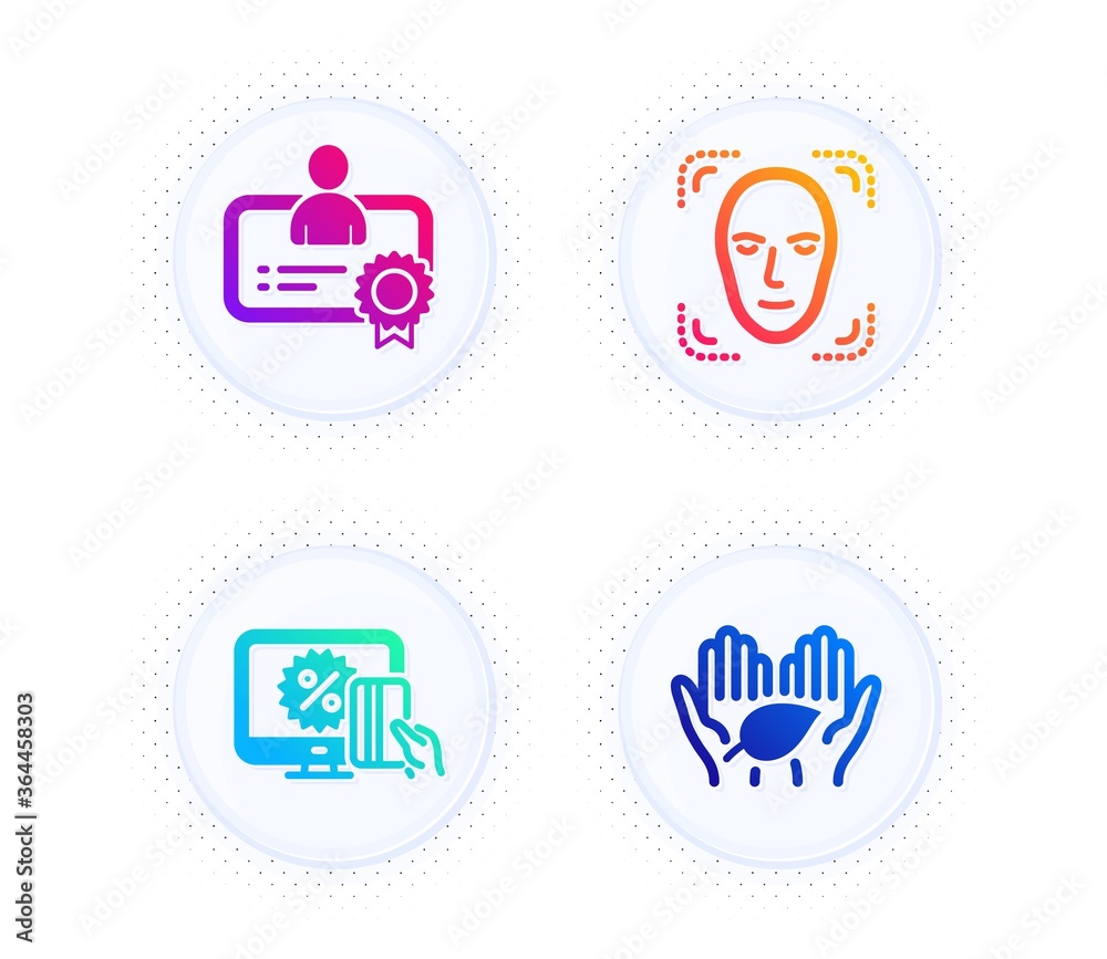Online shopping, Face detection and Certificate icons simple set. Button with halftone dots. Fair trade sign. Black friday, Detect person, Best employee. Safe nature. People set. Vector