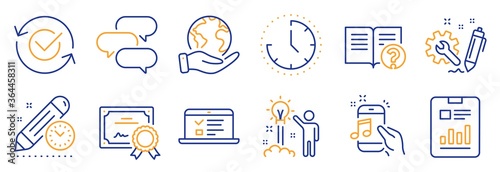 Set of Education icons, such as Approved, Engineering. Certificate, save planet. Time, Creative idea, Web lectures. Project deadline, Talk bubble, Report document. Music phone, Help line icons. Vector