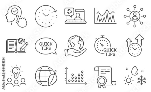 Set of Science icons, such as Weather, Time change. Diploma, ideas, save planet. Engineering documentation, Select user, Quick tips. Investment, Networking, Dot plot. Vector