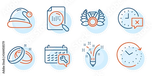 Laureate medal, Spanner and Time signs. Time change, Santa hat and Wedding rings line icons set. Search file, Inspiration symbols. Clock, Christmas. Business set. Outline icons set. Vector