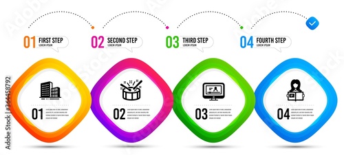 Woman read, Drums and Online video icons simple set. Timeline infographic. Buildings sign. Girl studying, Drumsticks, Video exam. City architecture. Business set. Vector