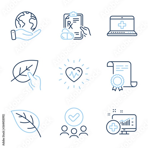 Medical analytics, Medical help and Prescription drugs line icons set. Diploma certificate, save planet, group of people. Leaf, Organic tested and Heartbeat signs. Vector