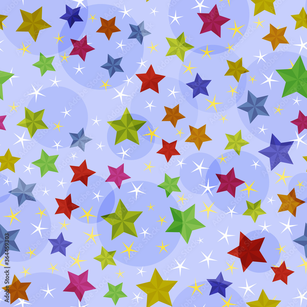 Seamless pattern with colored stars and transparent bubbles on a blue background.
