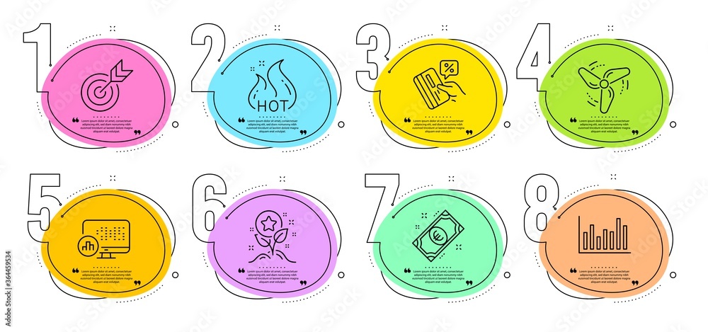Target, Bar diagram and Euro money signs. Timeline steps infographic. Report statistics, Hot sale and Credit card line icons set. Loyalty points, Wind energy symbols. Vector Target, Bar diagram and Euro money signs. Timeline steps infographic. Report statistics, Hot sale and Credit card line icons set. Loyalty points, Wind energy symbols. Vector