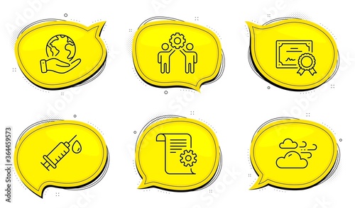 Technical documentation sign. Diploma certificate, save planet chat bubbles. Employees teamwork, Medical syringe and Windy weather line icons set. Collaboration, Vaccination, Cloud wind. Vector