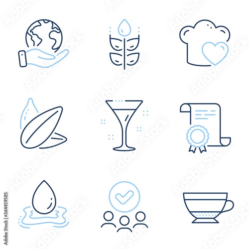 Gluten free, Sunflower seed and Water splash line icons set. Diploma certificate, save planet, group of people. Love cooking, Cocktail and Dry cappuccino signs. Vector
