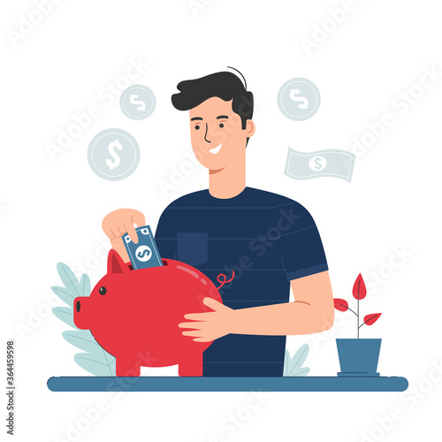 Savings concept. Man putting dollar money into piggy bank