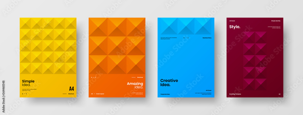 Company identity brochure template collection. Business presentation vector A4 vertical orientation front page mock up set. Corporate report cover abstract geometric illustration design layout bundle.