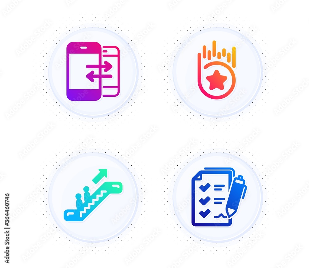 Loyalty star, Escalator and Phone communication icons simple set. Button with halftone dots. Survey checklist sign. Bonus reward, Elevator, Incoming and outgoing calls. Report. Technology set. Vector