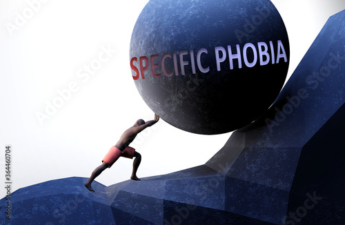 Specific phobia as a problem that makes life harder - symbolized by a person pushing weight with word Specific phobia to show that it can be a burden, 3d illustration photo