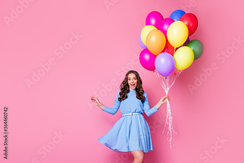 Portrait of her she nice-looking attractive lovely glad funky girlish cheerful wavy-haired lady holding in hand bunch air balls Black friday sale shop isolated pink pastel color background