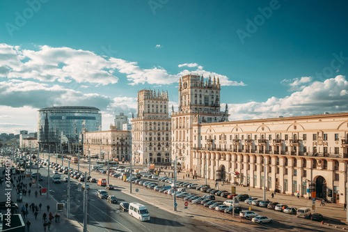 Minsk  Belarus. Two Buildings Towers Symbolizing The Gates Of Minsk  Station Square. Crossing The Streets Of Kirova And Bobruyskaya. Soviet Heritage  Urban Style. Famous Landmark