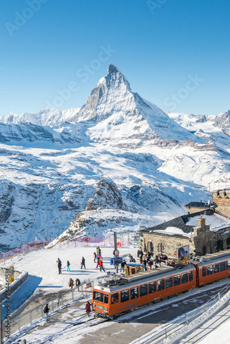 Switzerland Alps Matterhorn Snow Mountains at Gornergrat bahn train station, Zermatt, Switzerland photo