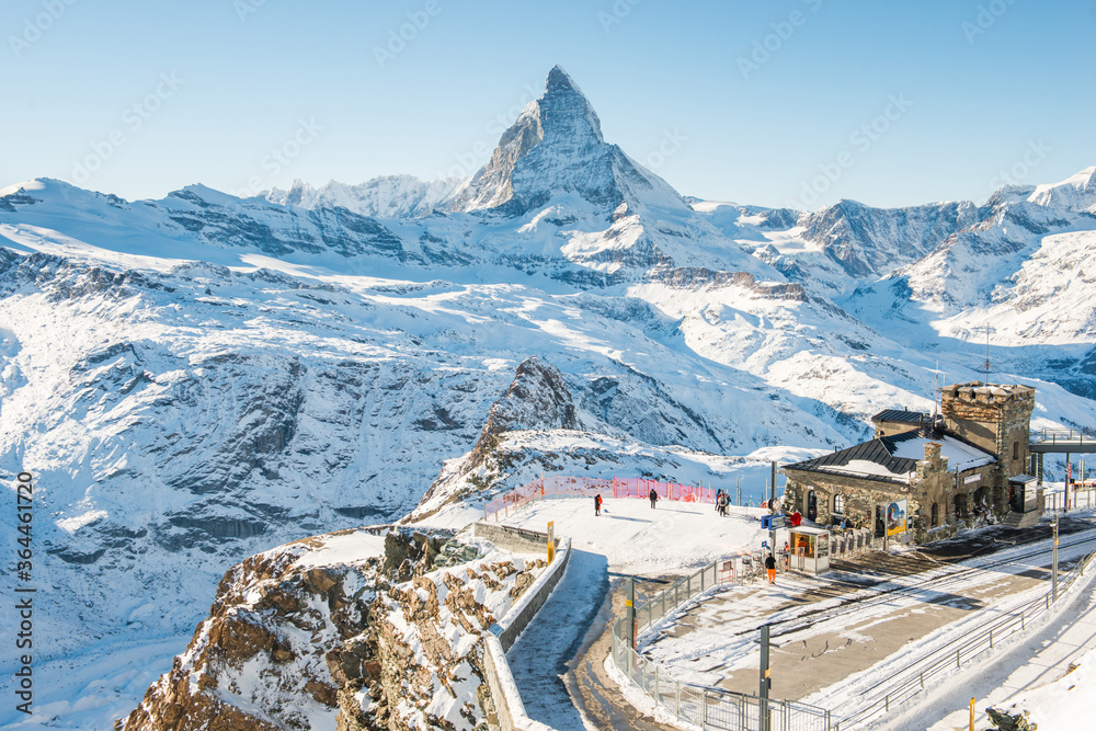 Switzerland Alps Matterhorn Snow Mountains at Gornergrat bahn train station, Zermatt, Switzerland