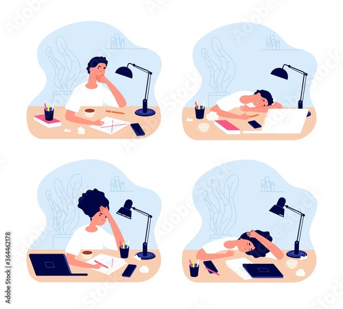 Tired students. Study characters, home working. Flat professional woman man at workplace. Cartoon creative freelancer vector illustration. Student tired and stress, busy at computer overworked