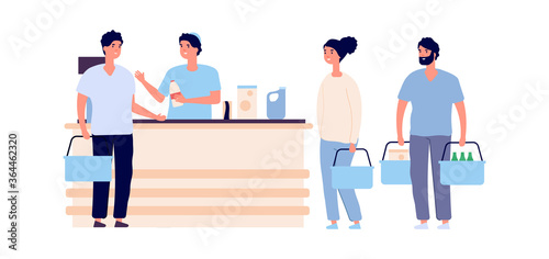 Buyers at checkout. People crowd queue with shopping carts. Flat grocery store and shoppers, male female vector characters. Checkout counter, customer in retail supermarket illustration