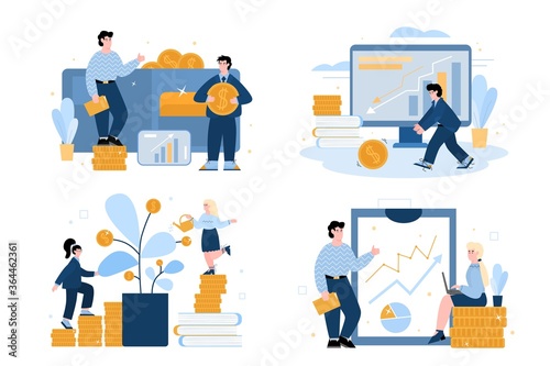 People in finance business - money and economics concept set with cartoon businessman and woman with gold coins looking at stock market drop or rise, vector illustration.