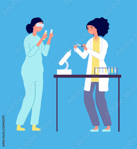 Laboratory research. Woman man epidemiologists, lab virus study. Scientists in white coats with equipment vector illustration. Woman science with microscope, chemistry medical people © MicroOne