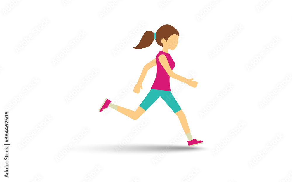 Woman running vector illustration flat style.Isolate on white background with drop shadow.