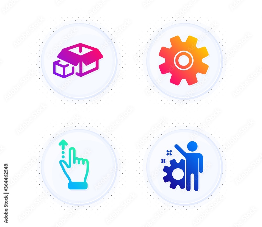 Touchscreen gesture, Packing boxes and Service icons simple set. Button with halftone dots. Employee sign. Slide up, Delivery package, Cogwheel gear. Cogwheel. Technology set. Vector Touchscreen gesture, Packing boxes and Service icons simple set. Button with halftone dots. Employee sign. Slide up, Delivery package, Cogwheel gear. Cogwheel. Technology set. Vector