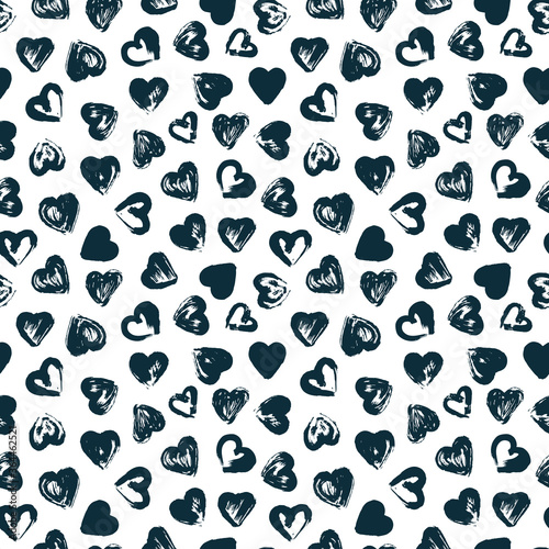  Valentine's Day Seamless Pattern. Grunge Hearts Paint Brush Strokes Vector Background. Love.