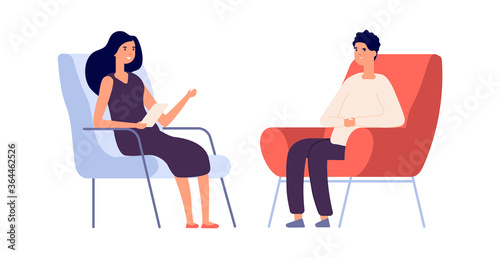 Woman psychologist. Couple flat man woman sitting on chairs. Psychotherapy session or psychological consultation. Sad frustrated guy vector. Psychologist woman, psychiatrist and patient illustration