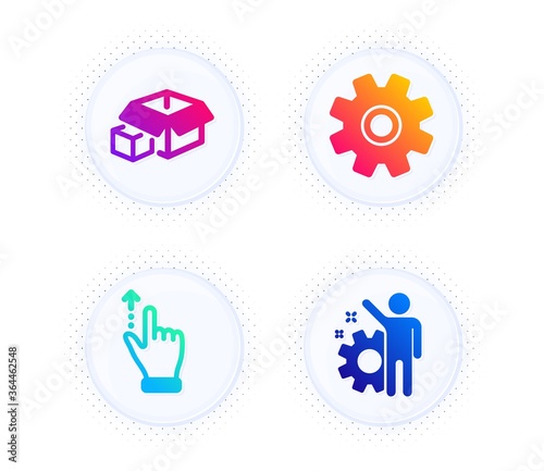 Touchscreen gesture, Packing boxes and Service icons simple set. Button with halftone dots. Employee sign. Slide up, Delivery package, Cogwheel gear. Cogwheel. Technology set. Vector