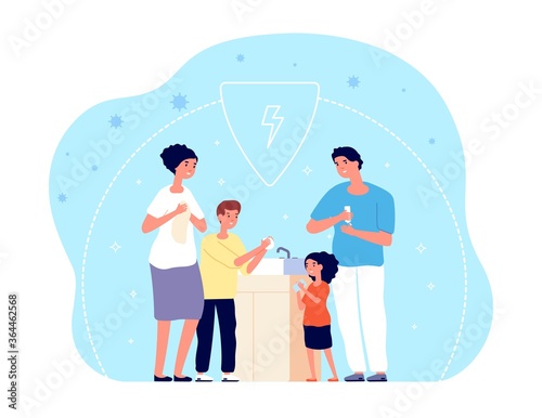 People washing hands. Child hygiene, family cleaning hand with water, soap or sanitizer. Germs or coronavirus prevention vector illustration. Family wash hands in bathroom, parents with kids