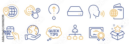 Set of Business icons, such as World travel, Human sing. Certificate, save planet. Loyalty program, Travel passport, Swipe up. Management, Customer satisfaction, Mini pc. Vector