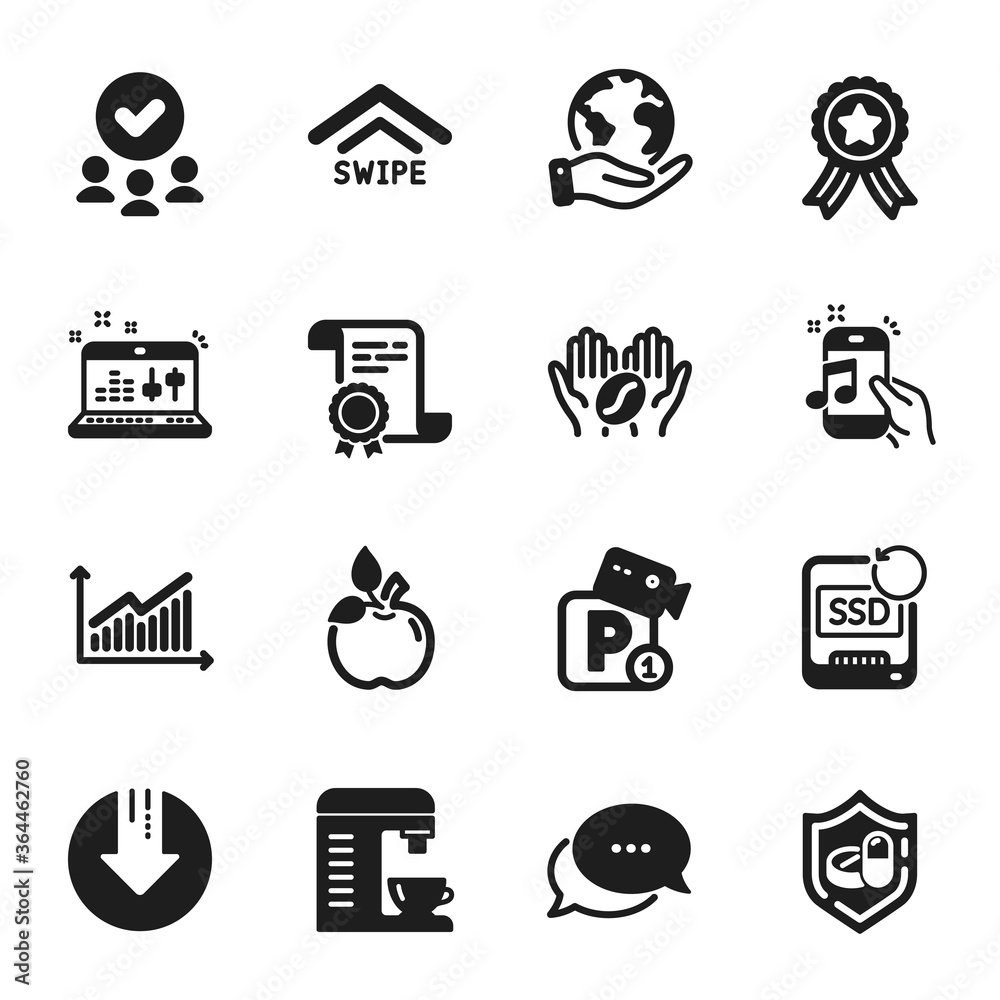 Set of Business icons, such as Coffee, Download arrow. Certificate, approved group, save planet. Eco food, Recovery ssd, Parking security. Music phone, Sound check, Swipe up. Vector