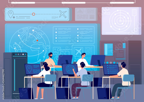 Flight control center. Airport command room, fly track controlling. Operators surveillance international transportation vector illustration. Flight control center, technology space room