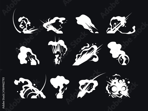 Explosion effect. Dust smoke cloud, cartoon war blast and motion speed sparks. White air or smoking fog, cigarette steam vector illustration. Explode air smoke animated, power shot smoke