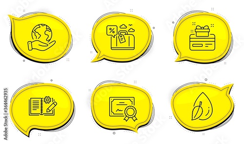Engineering documentation sign. Diploma certificate, save planet chat bubbles. Travel loan, Water drop and Loyalty card line icons set. Trip discount, Mint leaf, Bonus points. Manual. Vector