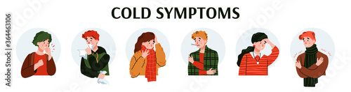 Common cold symptoms banner with sick people cartoon characters suffering from headache and cold fever, flat vector illustration isolated on white background.