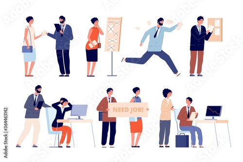 Business trouble. Company financial failure, bankruptcy or crisis. Leadership and enterprise, no office job for employee vector illustration. Financial trouble, loss and crisis failure