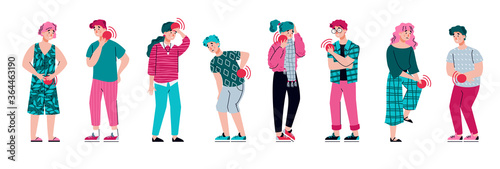 Collection of unhappy people suffering ache or pain in different body parts. Set of pain types of ill people. Vector illustration isolated on a white background.