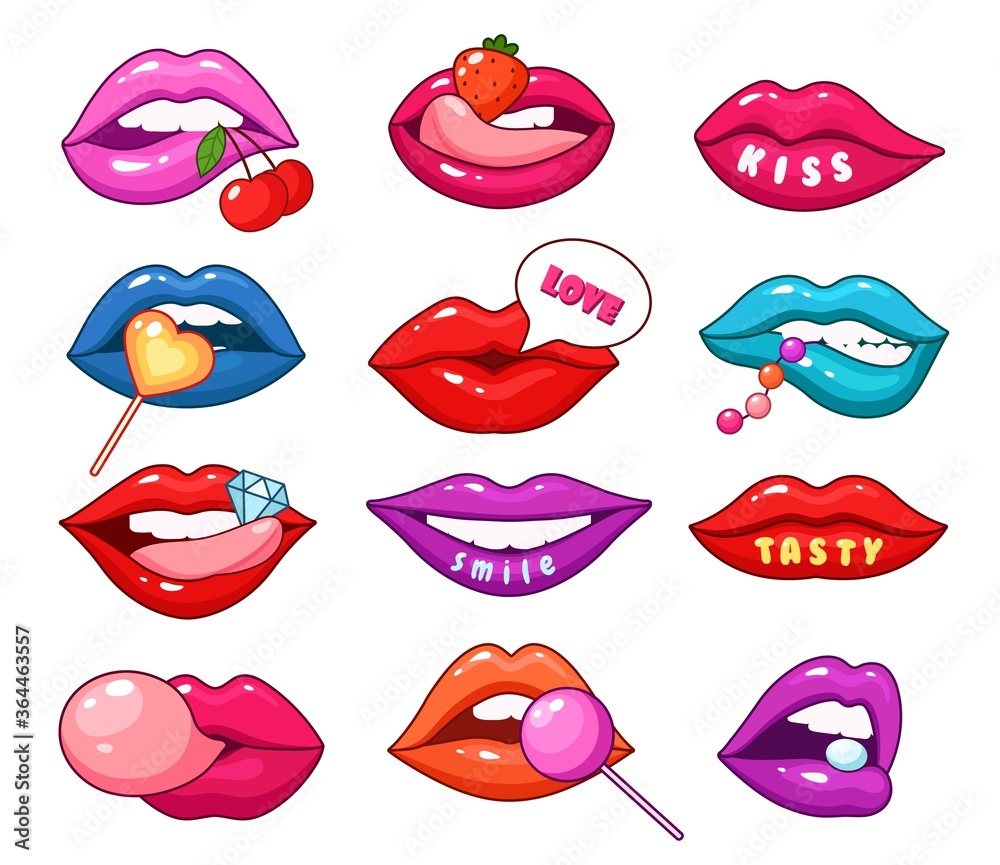 Lips patches. Fashionable cartoon girl lip, blue pink red sexy mouths