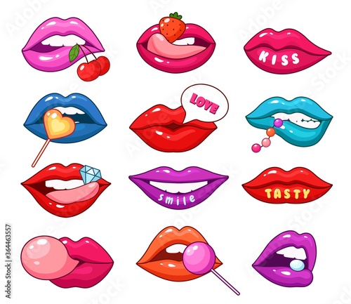 Lips patches. Fashionable cartoon girl lip, blue pink red sexy mouths. Love kissing stickers with tongue, pills lollipops beans vector set. Illustration glamour sexy expression, girl love trendy