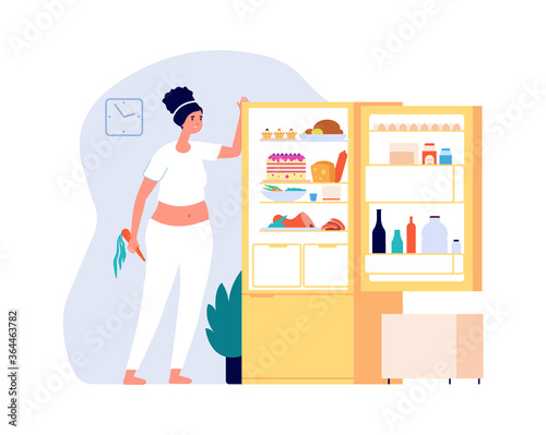Night eating. Woman standing open fridge with food. Diet time, overweight problems vector illustration. Night hungry at home, eating lady