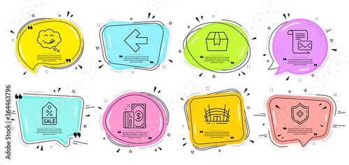 Arena stadium, Left arrow and Package box signs. Speech bubbles with quotes. Mail letter, Medical shield and Sale coupon line icons set. Payment, Yummy smile symbols. Vector