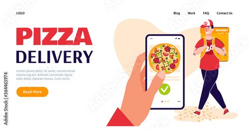 Pizza delivery service website banner. Hand with smartphone ordering food online and courier man already walking with takeaway order, vector illustration.