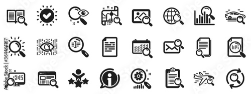 Photo indexation, Artificial intelligence, Car rental icons. Search icons. Airplane flights, Web search engine, Analytics. Find photo, checklist document, artificial intelligence eye. Vector